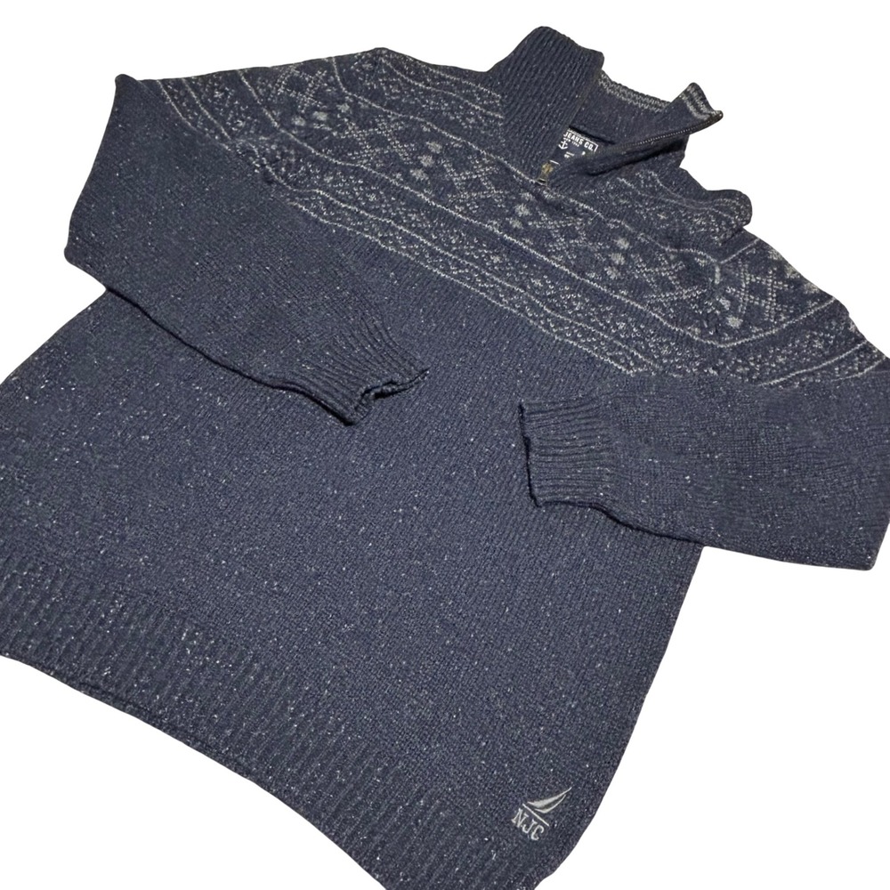 Nautica Jeans Co Sweater Mens M Navy Blue Fair Isle Wool Blend Quarter Zip NJ-99